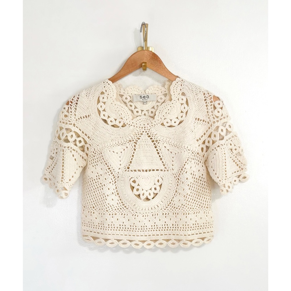 NWT SEA New York White Short-Sleeve Crochet Knit Carter Sweater Top - Picture 2 of 8
